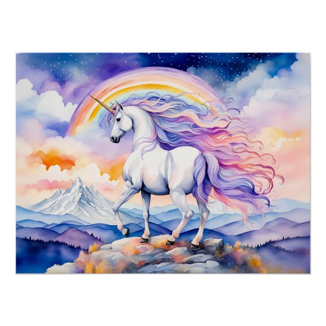 Unicorn unter weichen, pastelförmigen Regenbogenwo Poster (Vorderseite)