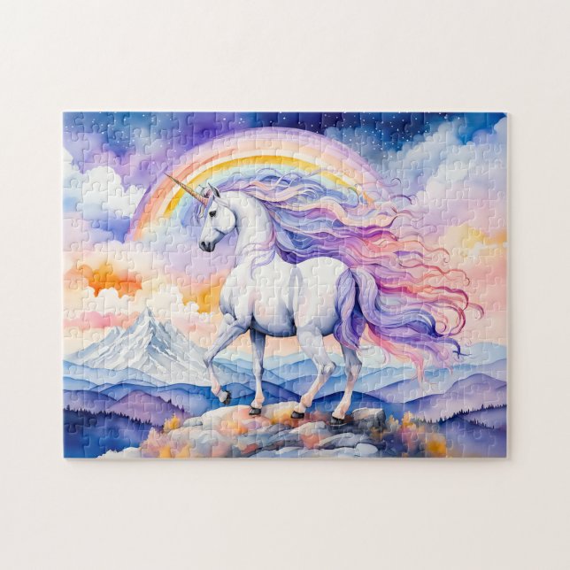 Unicorn unter weichen, pastelförmigen Regenbogenwo Puzzle (Horizontal)