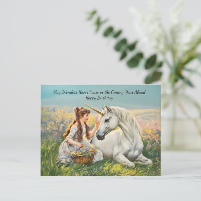 Unicorn Vintag Geburtstag Postkarte (Stehend Vorderseite)