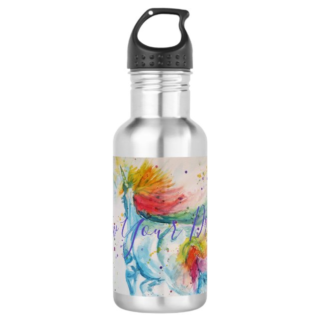 Unicorn Wasserfarbe Malerei Regenbogen Girls Gesch Edelstahlflasche (Vorderseite)