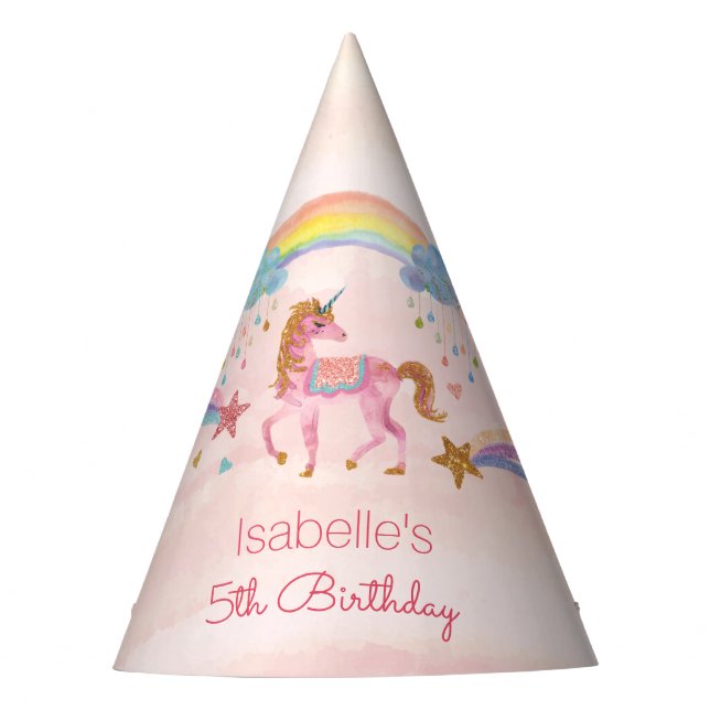 Unicorn Watercolor Faux Glitter Birthday Party Hat Partyhütchen (Vorderseite)