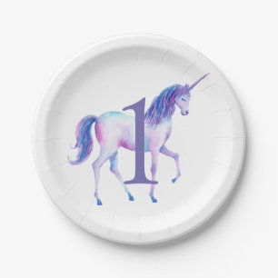 Unicorn Watercolor Personalisiert erster Geburtsta Pappteller