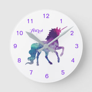 Unicorn Watercolor Purple Name Cute Girl Runde Wanduhr