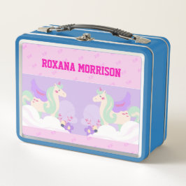 UNICORN WINGED ROSE PINK SKY BLUE Metal Lunchbox