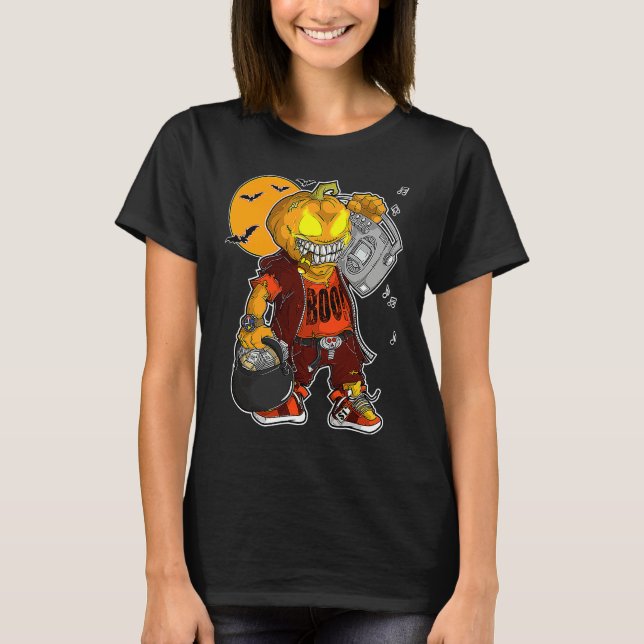 Unicorn Witch Halloween Black Cat Orange Moon Grap T-Shirt (Vorderseite)