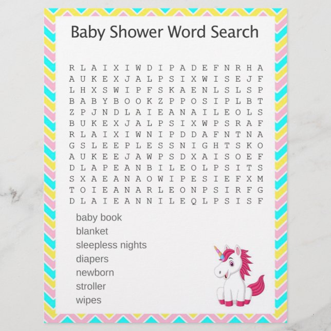 Unicorn Word Search Baby Shower Game (Vorderseite)