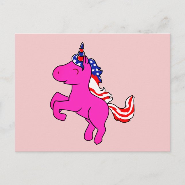 Unicorn Yarrow Pink Patriotic USA Flag Mane Art Postkarte (Vorderseite)