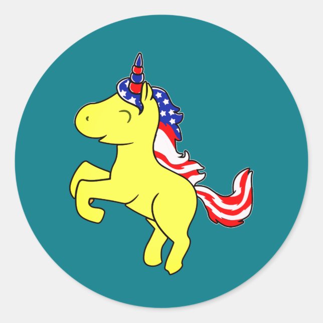 Unicorn Yellow Patriotic USA Flag Mane Cartoon Runder Aufkleber (Vorderseite)