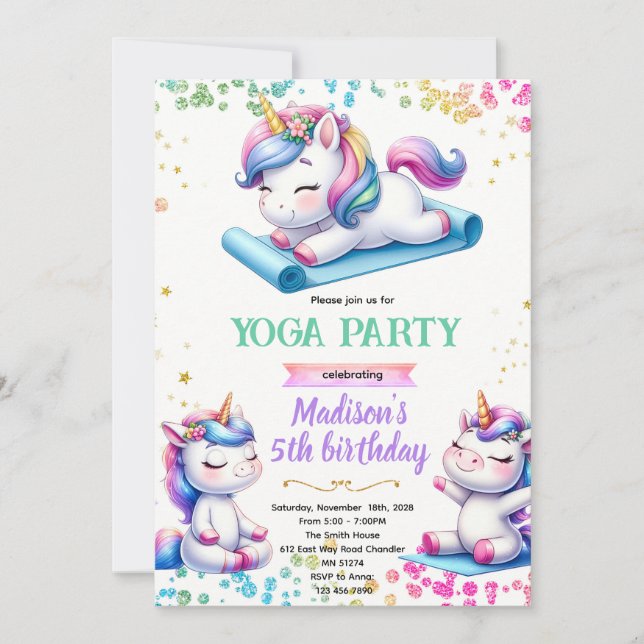 Unicorn yoga birthday party invitation einladung (Vorderseite)