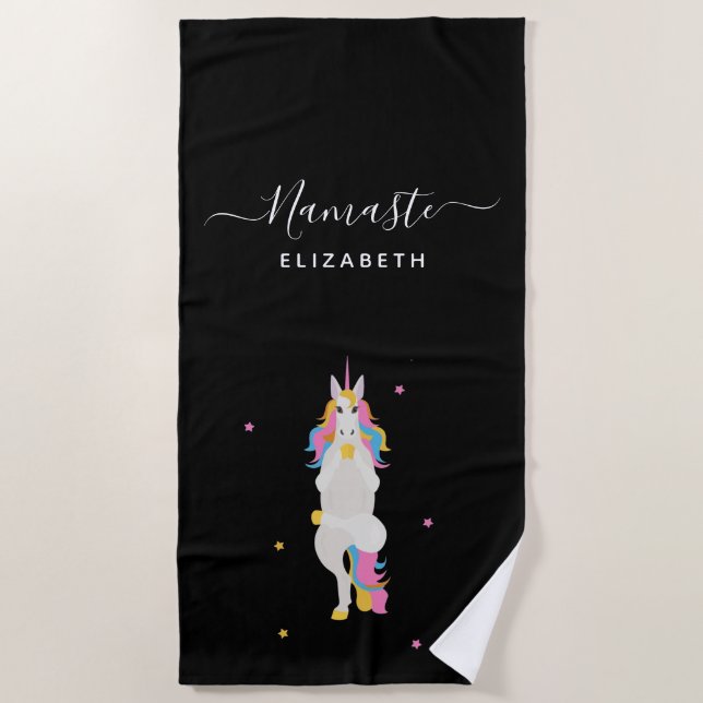 Unicorn Yoga Posen Schwarz niedlicher Spaß Namaste Strandtuch (Vorderseite)