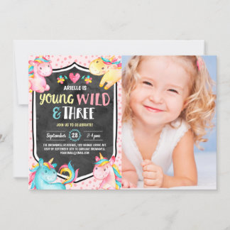 Unicorn Young Wild & Three Birthday Party Foto Einladung