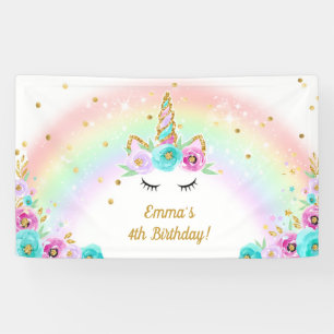Unicornfahne mit Blumen und einem Regenbogen Banner