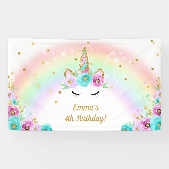 Unicornfahne mit Blumen und einem Regenbogen Banner (Horizontal)