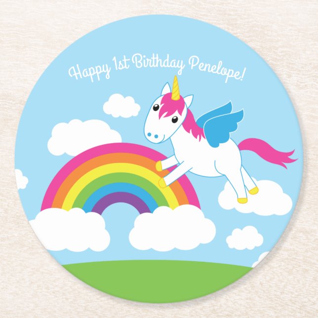 Unicorns & Rainbows Kinderparty Niedlich Runder Pappuntersetzer (Vorderseite)