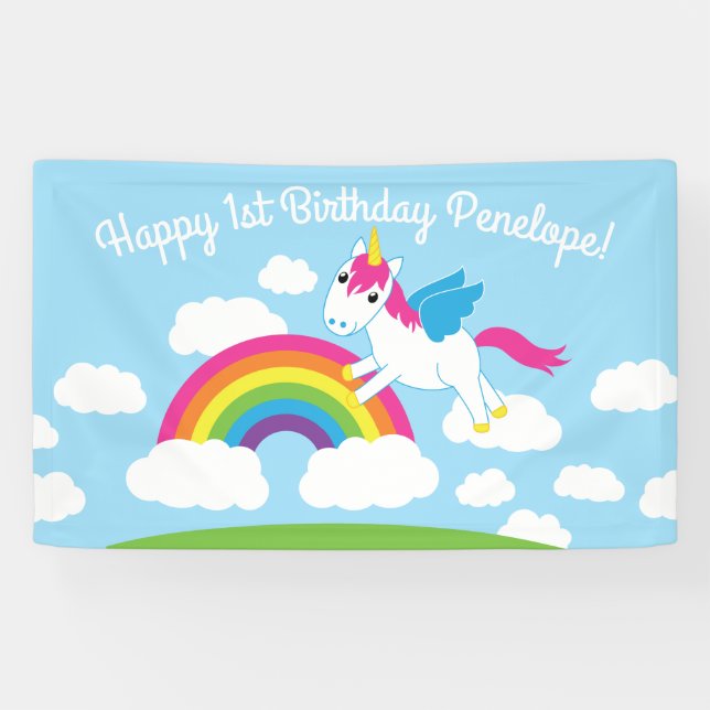 Unicorns & Rainbows Niedlich 1. Geburtstag Party T Banner (Horizontal)