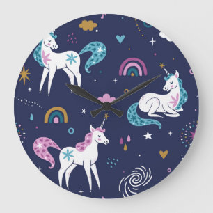 Unicorns Rainbows: Niedlicher Cartoon Nahtlos Große Wanduhr
