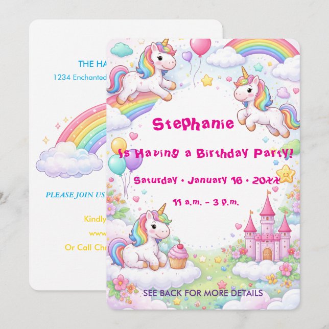 Unicorns & Rainbows Pastel Childs Birthday Einladung (Vorne/Hinten)