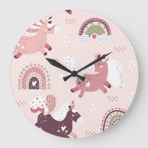Unicorns Rainbows: Pastellzauberer Hintergrund. Große Wanduhr