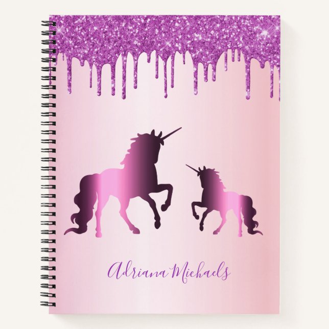 Unicorns rosa lila Glitzer Name Notizbuch (Vorderseite)
