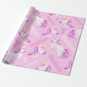 Unicorns rosa lila personalisierter Name und Alter Geschenkpapier