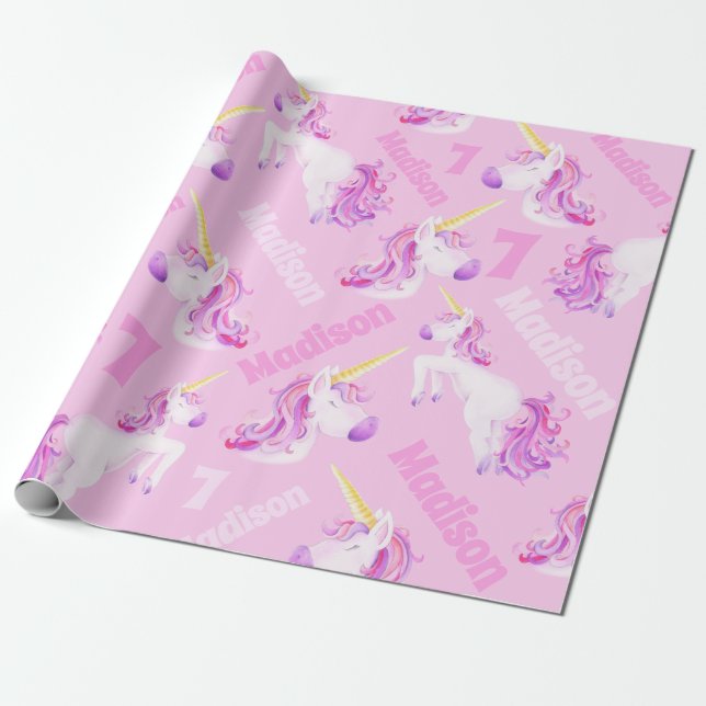 Unicorns rosa lila personalisierter Name und Alter Geschenkpapier (Ungerollt)