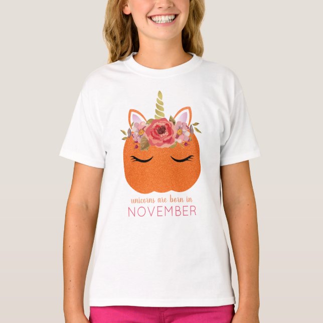 Unicorns sind geborener im November Glitzer-Kürbis T-Shirt (Vorderseite)
