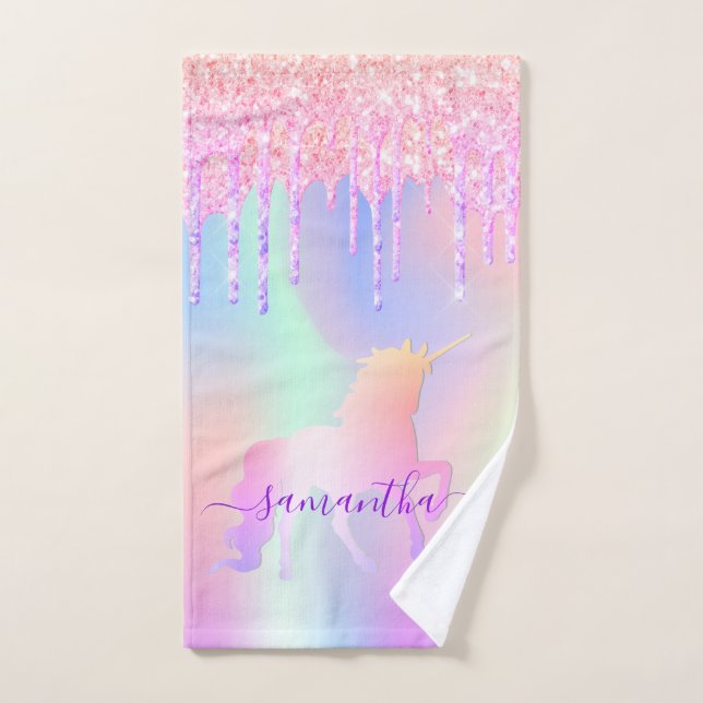 Unicoron Glitzer Tropfen Regenbogenname Badhandtuch Set (Handtuch)