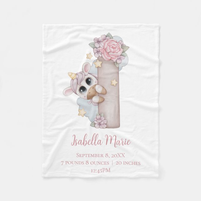 Unicoron Monogram Letter I Pink Baby Girl Gift Bab Fleecedecke (Vorderseite)