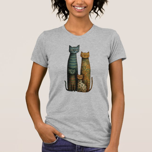 Unimpressed Folk Art Cat Family Design T-Shirt (Vorderseite)