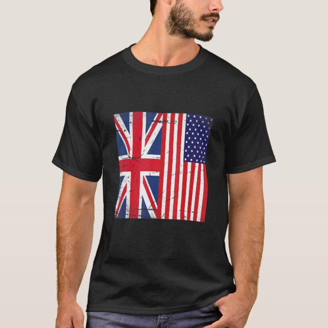 Union Jack and Unites Staaten of America Flag Retr T-Shirt (Vorderseite)