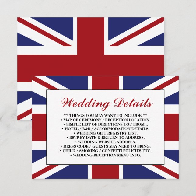 Union Jack Flag Britisches Hochzeitsszenario - Det Begleitkarte (Vorne/Hinten)
