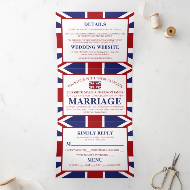 Union Jack Flag, British Wedding Suite Dreifach Gefaltete Einladung (Innenseite)