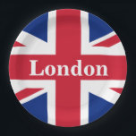 Union Jack London ~ British Flag Paper Plate Pappteller<br><div class="desc">Flagge des Vereinigten Königreichs Großbritannien und Nordirland mit Londoner Text. Verlassen,  Text anpassen oder Leerstelle machen.</div>