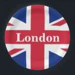 Union Jack London ~ British Flag Paper Plate Pappteller<br><div class="desc">Flagge des Vereinigten Königreichs Großbritannien und Nordirland mit Londoner Text. Verlassen,  Text anpassen oder Leerstelle machen.</div>