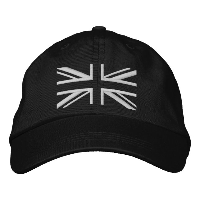 Union Jack ~ Schwarz und Weiß Bestickte Kappe (Vorderseite)