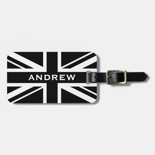 Union Jack ~ Schwarz und Weiß Gepäckanhänger (Vorderseite horizontal)