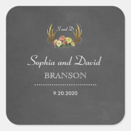 Unique Antlers Floral Chalkboard Wedding Monogram Quadratischer Aufkleber