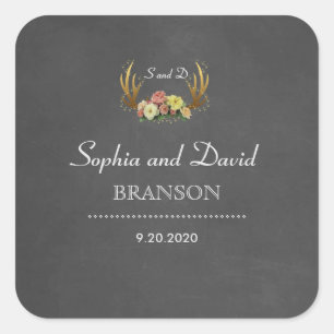 Unique Antlers Floral Chalkboard Wedding Monogram Quadratischer Aufkleber