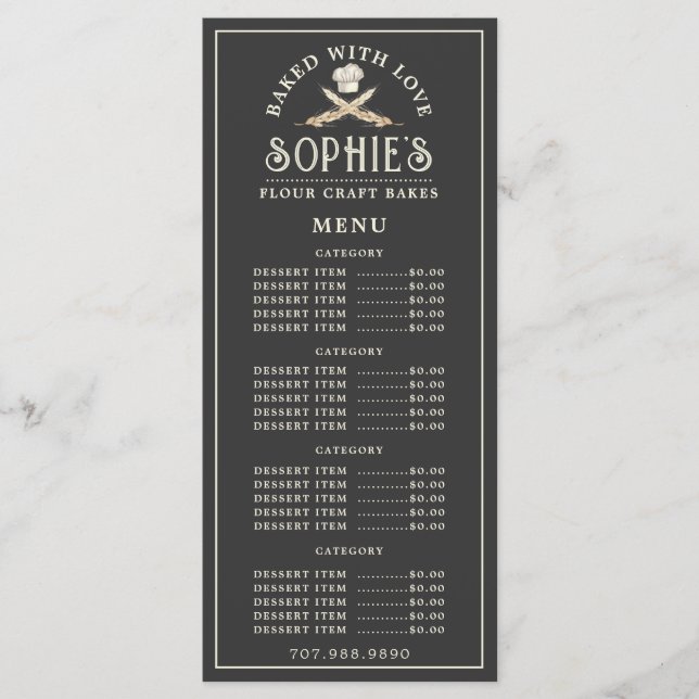 Unique Baker's Logo Bakery Pastry Chef Black Menükarte (Vorderseite)