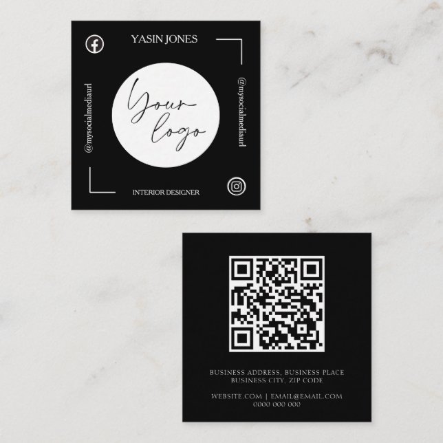 Unique Black and White QR Code Quadratische Visitenkarte (Vorne/Hinten)