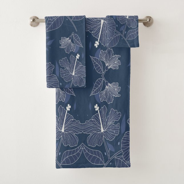 Unique Blue Floral Pattern Hibiskus Blume Badhandtuch Set (Insitu)