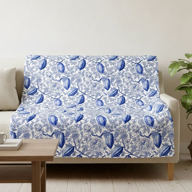Unique Blue Toile Cocoa Chic Botanical Pattern Fleecedecke (Von Creator hochgeladen)