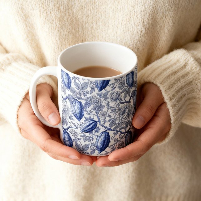 Unique Blue Toile Cocoa Chic Botanical Pattern Kaffeetasse (Von Creator hochgeladen)