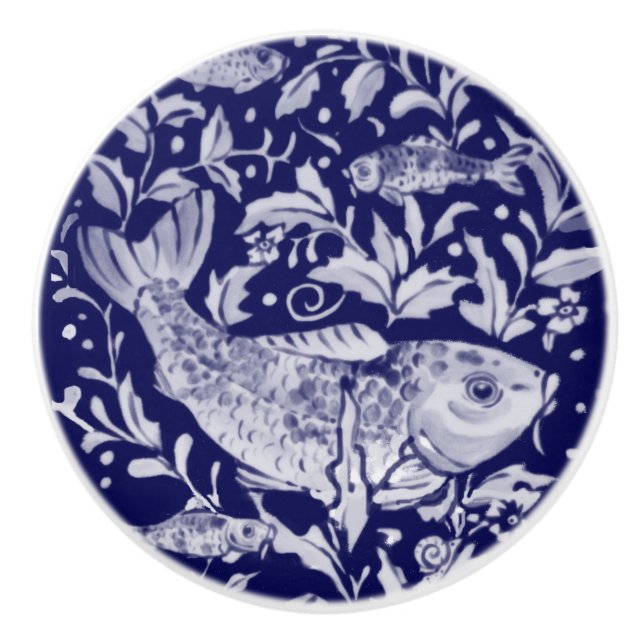 Unique Blue & White Koi Fish Stilisierte Teich-Pfl Keramikknauf (Vorderseite)