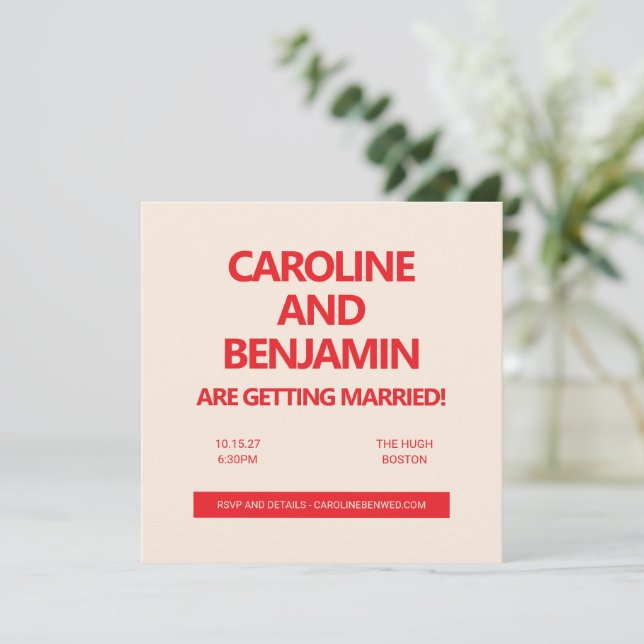 Unique Bold Red Text Modern Minimalist Wedding  Einladung (Stehend Vorderseite)