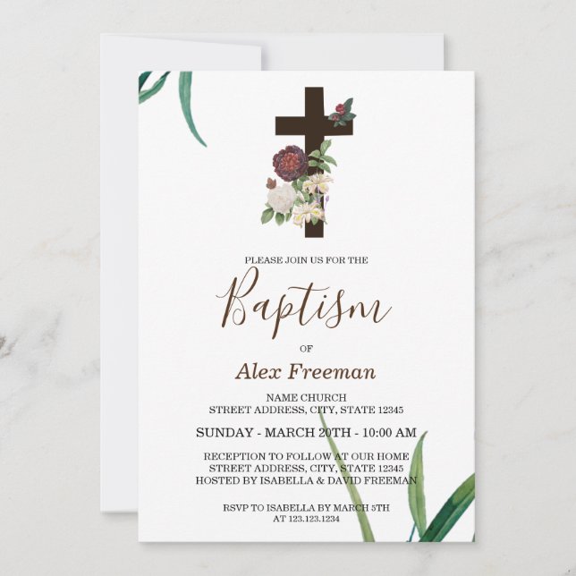 Unique Brown Script floral Christening & Baptisse Einladung (Vorderseite)