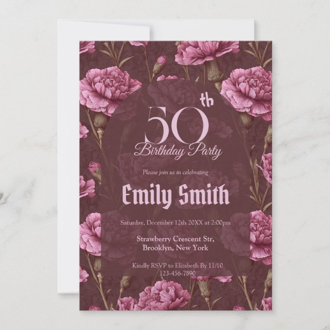 Unique Carnation Accent Milestone Birthday Einladung (Vorderseite)