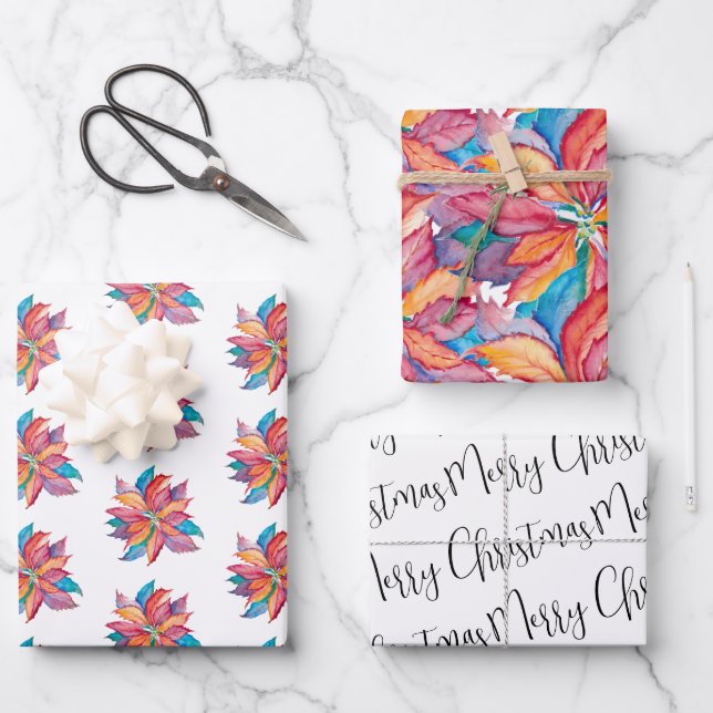 Unique Christmas Gifts Watercolor Poinsettia Geschenkpapier Set (Vorderseite)