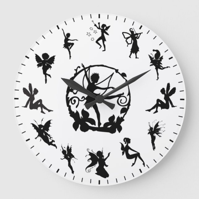 Unique Cute Fairy Black Silhouettes Themed Große Wanduhr (Vorderseite)