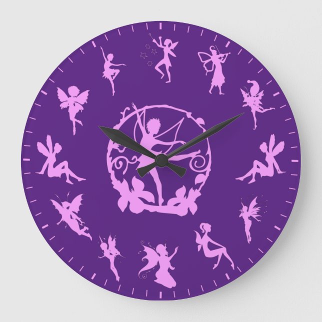 Unique Cute Fairy Pink Silhouettes Themed Große Wanduhr (Vorderseite)